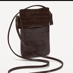 Brown Croc-Embossed Crossbody Cellphone Bag